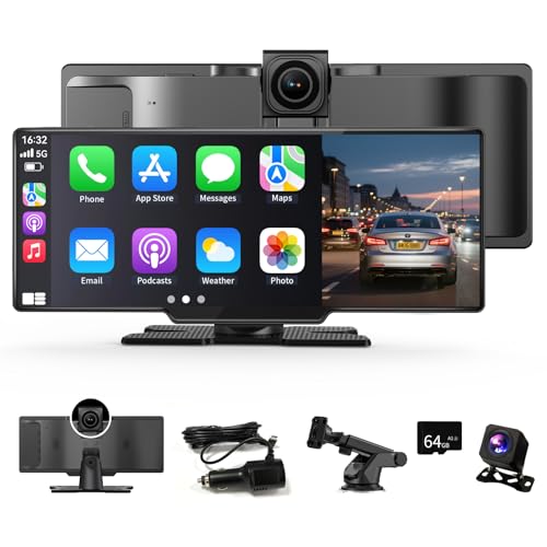 11 Zoll Wireless Carplay Display Für A-ppIe CarPlay und Android Auto mit 4K Dashcam 1080P Rückfahrkamera Android Display IPS Touchscreen mit AUX/FM 64G TF Split Screen Mirror Link Bluetooth
