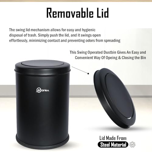 Image of mofna Stainless Steel Swing lid dustbin, Garbage Bin, Trash Can, with removable lid For Home, Kitchen, Bathroom, Office & Commercial Use - 10x14 In -20 Liter, Black, Pack of 1