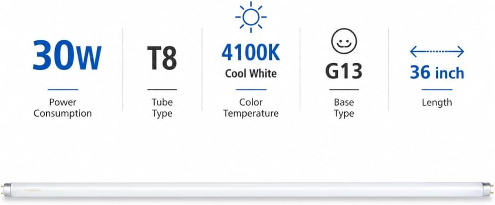 30w t8 f30t8/cw fluorescent tube light bulb, 4100k cool white, 36" inch, replacement for f30t8/spx41 f30t8/sp41 f30t8/cw/alto, 2 pack