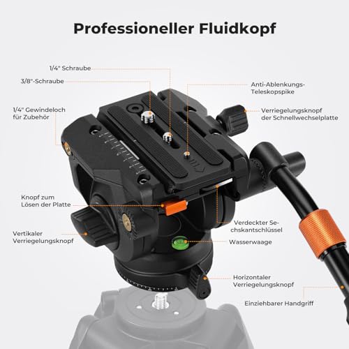 K&F CONCEPT BV40 Leichtgewicht Fluid Videokopf, seidenweiche und stabile Stativkopfhalterung, kompatibel mit DSLRs, Filmkameras usw., maximale Tragkraft 8kg, Stativkopf für 360° Panorama