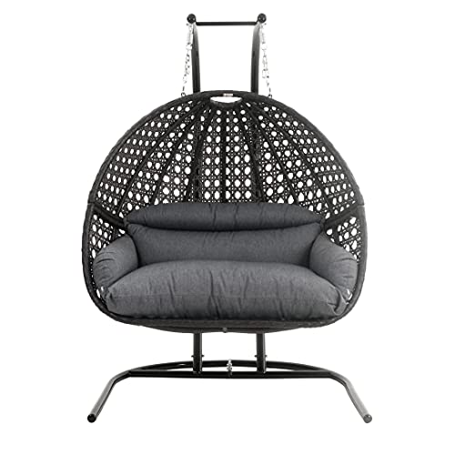 Island Gale® Upgraded Luxury Double Seat Outdoor Patio Hanging Wicker Swing Chair W/Cushion And U Shape Base (Charcoal Chair W/ Charcoal Cushion U Shape) #TOP1