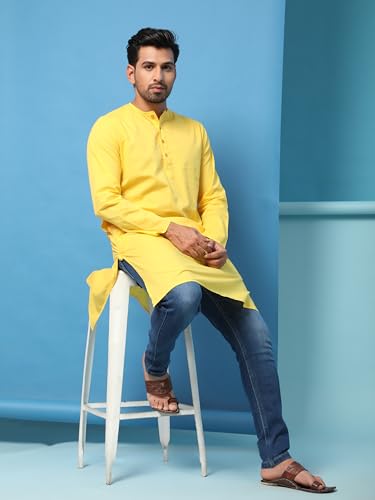 Image of Amazon Brand - Anarva Men's Cotton Solid Round Neck Kurta Long Sleeves Straight Knee Length Casual Shirt