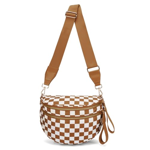 Checkered Crossbody Bag for Women Solid-color Shell Fashionable Sports Checkered Waist and Single-shoulder Purse Bag (Light brown checkered)