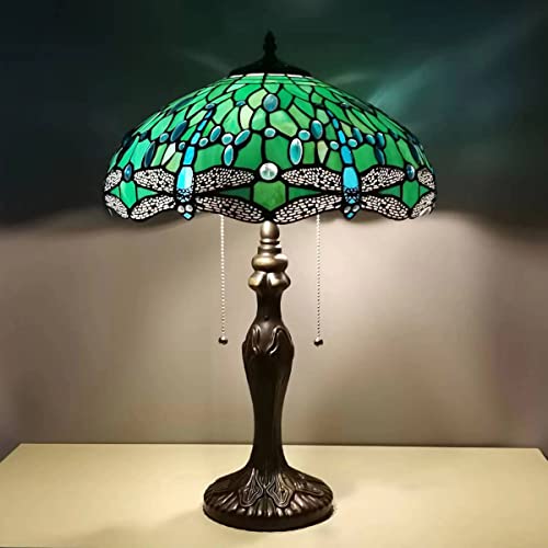 Zjart Tiffany Lamp W16H24 Inch Green Stained Glass Dragonfly Table Lamp Bedside Nightstand Desk Reading Lamp Work Study Desktop Light Decor Home Kids Bedroom Living Room Office Pull Chain Switch #TOP4