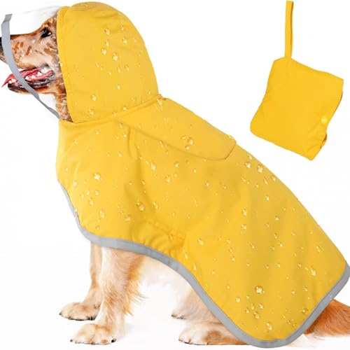 ISUPY ドッグウェア 小型犬 中型犬 大型犬 レインコート レインポンチョ リードの穴あり 完全防水 防雪 防風 軽量 帽子付き 反射素材 着せやすい 梅雨対策 (2XL,イエロー)
