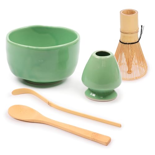 BambooMN Brand - Matcha Bowl Set (Includes Bowl, Rest,Tea Whisk, Chasaku, Tea Spoon) 1 Set Soft Light Green
