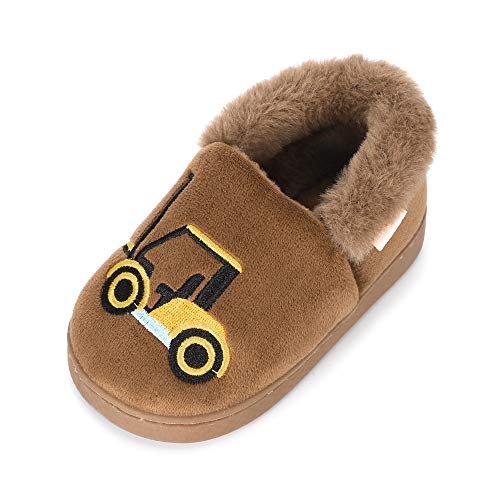 Estamico Boys Girls Warm Slippers Cartoon Truck Kids Winter Indoor Household Shoes, Khaki 13.5-14 Little Kid #TOP3