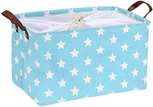 Sea Team Moroccan Pattern Canvas Fabric Storage Basket Collapsible Geometric Design Storage Bin with Drawstring Cover and PU Leather Handles, 16.5 by 11.8 inches, Waterproof Inner