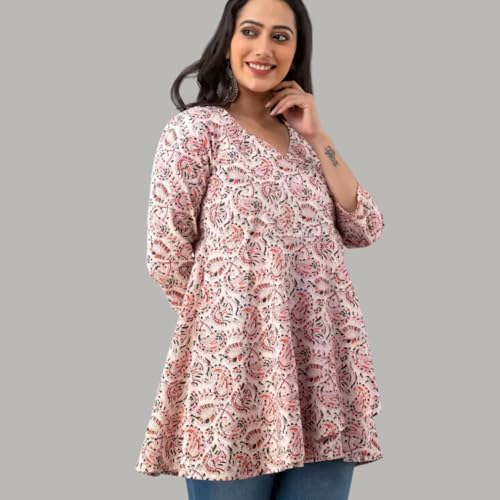 Image of LIVING ROOTS Women /Girls Cotton Angrakha Side Dori V- Neck Casual Short Kurti 3 /4 Sleeve (6041-L) Pink
