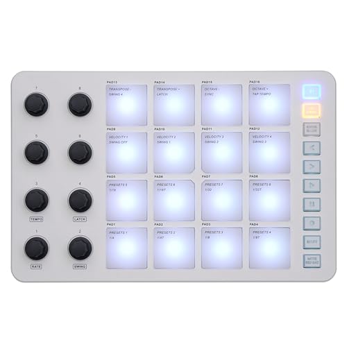 SMC PAD USB MIDI Keyboard Controller, Bluetooth MIDI Keyboard with 16 RGB Backlit Pads 8 Assignable Knobs and Note Repeat Function and 3.5mm MIDI Output