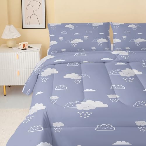 Image of QOOMO Cartoon Clouds Kids Comforter Set,Cute Weather Bedding Set Full Size for Room Decoration,Haze Blue Bed Set Microfiber Lightweight All Season,1 Comforter Set 2 Pillowcases
