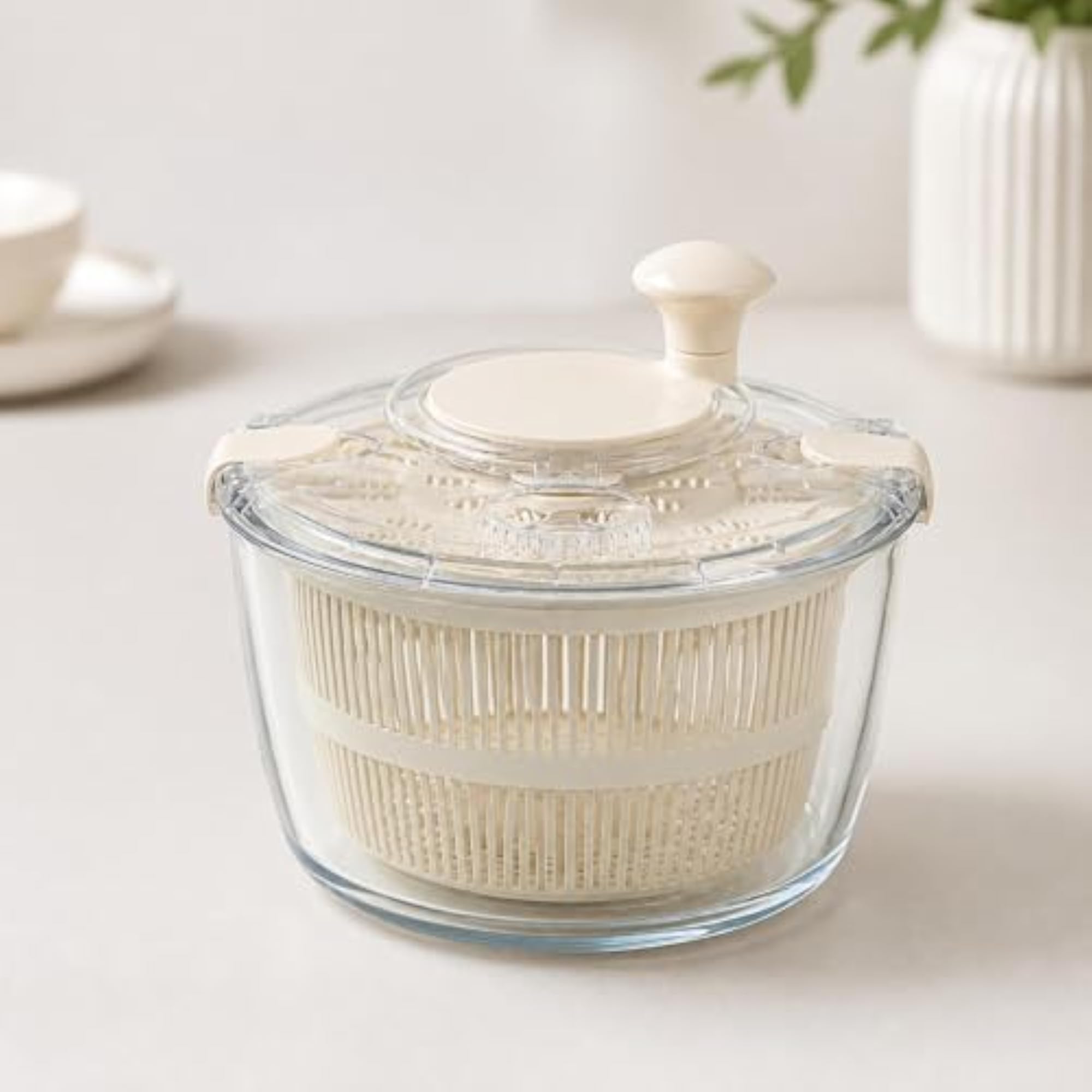 Kitchen Tool Transparent Manual Salad Dryer with Glass Bowl