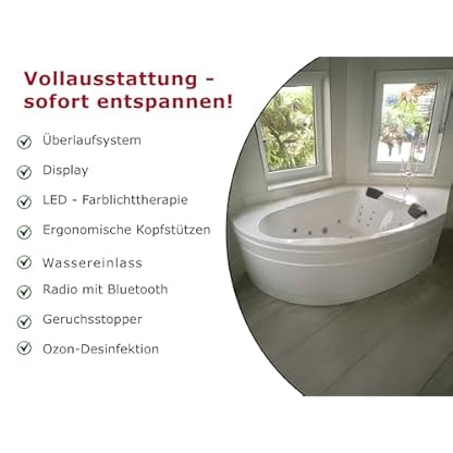 Whirlpool Badewanne Titan – Made in Germany – Eckmontage Rechts (180x130 cm) – 25 Massagedüsen, Heizung, Ozon Desinfektion, LED Farblichttherapie & Radio – wahlweise ohne Armaturen – Bild 6