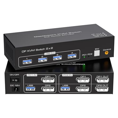 Displayport KVM Switch 2 Monitors 2 Computers 8K 60Hz 4K 120Hz Dual Monitor USB 3.0 KVM Switches for 4 USB Devices, Wired Extension Button,12V DC Adapter and USB3.0 Cables -3.6CM High