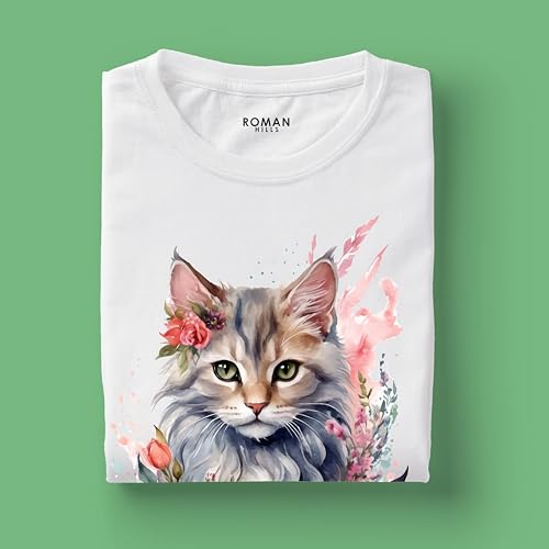 Image of Cotton Half Sleeve White Tshirt for Women, Round Neck, Flower Cat
