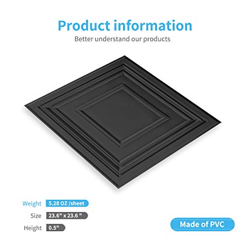 Art3D Decorative Drop Ceiling Tile 2X2 Pack Of 12Pcs, Glue Up Ceiling Panel Square Relief In Black #TOP4