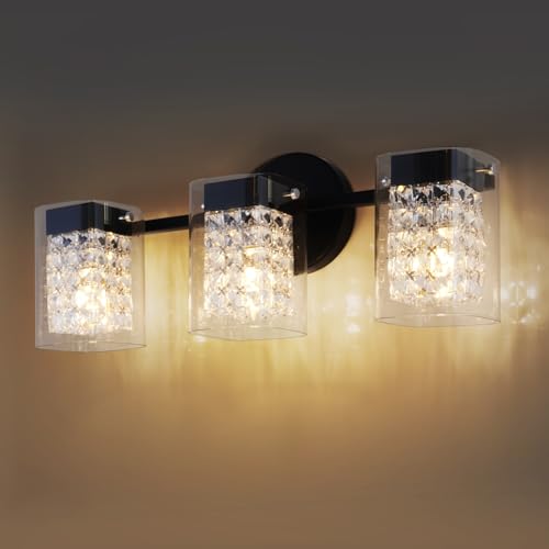 Image of Modern Crystal Vanity Lights, 3-Light Black Bathroom Light Fixtures with Clear Shades, Bathroom Lighting Fixtures Over Mirror Wall Light for Hallway, Decoration,Bedroom(Exclude Bulb)