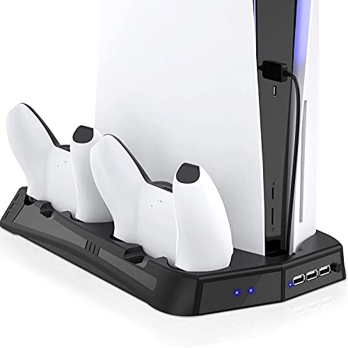KIWISMART Vertical Stand with Cooling Station for Playstation 5, PS5 Accessories Controller Charger Station, Suction Cooling Fan with Charging Dock Station, 3 Extra USB Ports