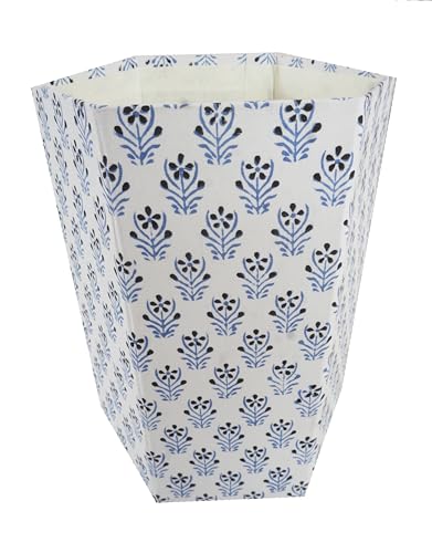 Image of Floral Hand Block Printed 3.3 Gallon Decorative Waste Basket - Eco-Friendly Cardboard Trash Can, Plastic-Free & Sustainable, Perfect for Christmas and Housewarming Gifts (1, Blue Balck DOT)