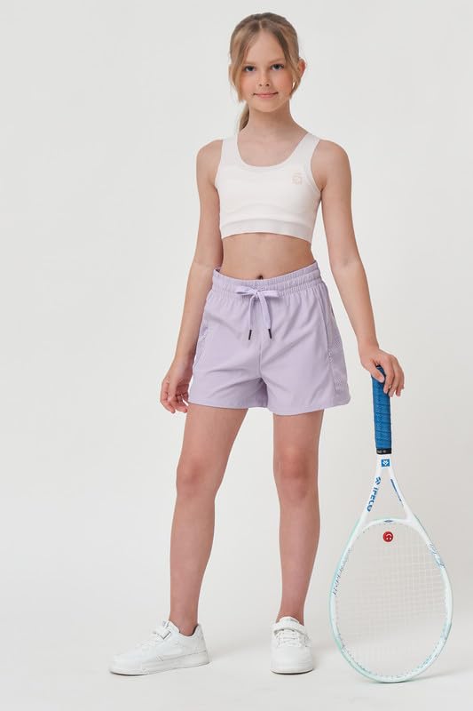 Girls Athletic Shorts with Spandex Liner Quick Dry Running Fitness Shorts for Kids Teen Active Sports Track Light Purple