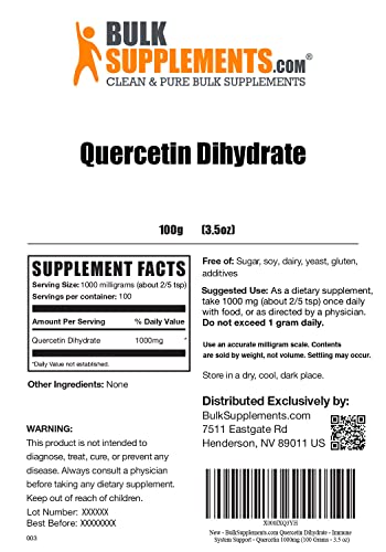 Bulksupplements.com Quercetin Dihydrate Powder - Quercetin Supplements - Quercetin 1000Mg - Quercetin Powder - Antioxidants Supplement - 1000Mg Per Serving, 100 Servings (100 Grams - 3.5 Oz) #TOP1
