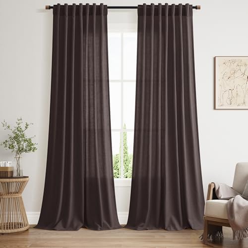 Image of Nanspring Cocoa Coffee Linen Blend Light Filtering Back Tab Curtains 96 Inches Long, Semi Sheer Privacy Drapes for Living Room & Bedroom, 52x96 inch, 2 Panels