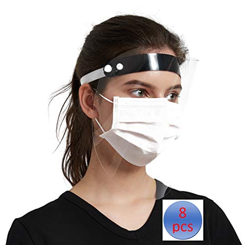 Giolshon 8 Pcs Face Protection Shield Visor Protect Eyes and Anti-Fog Plastic Hat with Protective Clear Film Elastic Band Fluid Resistant Thickening