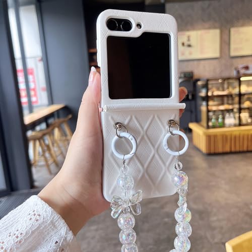 Étui Samsung Z Flip 5 Enilsa Blanc avec Chaîne Perles Chic pour Vos Soirées Mode