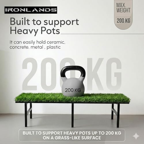 Image of IRON LANDS Metal Pot Stand with Green Grass Mat 72x22x20 Cm | Rust-Proof Matte Powder-Coated for Big Size Plants | Supports Up to 300 Kg| Ideal for Garden Balcony, Outdoor and Indoor Plant Display