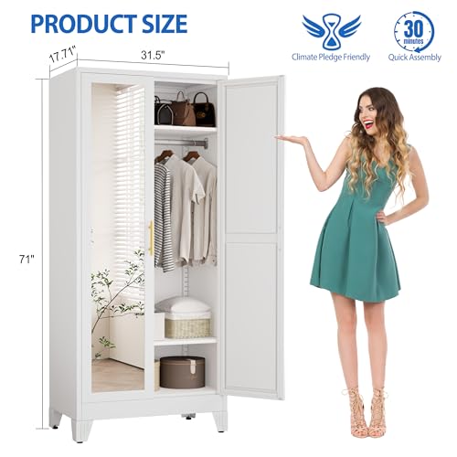 Image of GAIOUS Metal Wardrobe Cabinet with Mirror and Hanging Rod, 71 inch White