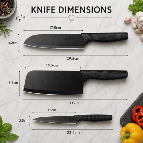 Image of SNMMIFER Kitchen Knife Set, 3 Piece, High Carbon Stainless Steel, Non-Slip PP Handle, Black, for Cooking, Cutting and Slicing (Black)