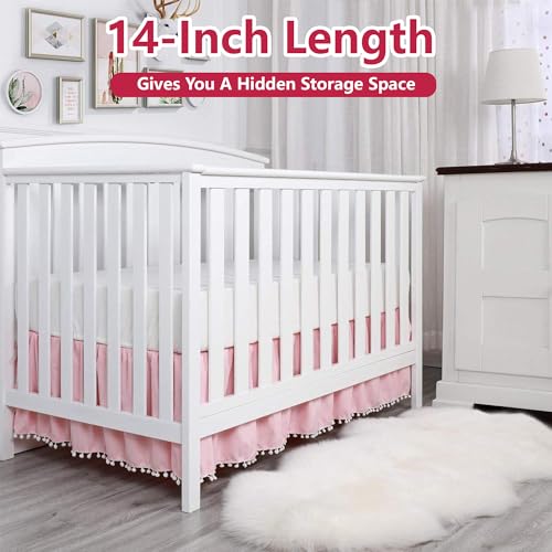 Ruffled Crib Skirt with Pompoms:Crib Bed Skirt with 14\" Drop,Mini Crib Bedding Toddler Skirt,Baby Crib Accessories for Baby Boys Girls,28\" X 52\" (Pink)