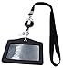 ID Card Case + Lanyard + Badge Holder Retractable Reel Carabiner and Plastic Clip (Genuine Leather Horizontal Black)