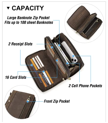 Image of Top Grain Genuine Leather Clutch Wallet Bag with Hand Strap for Man & Woman, Handmade Minimalist Vintage Design, 2 Zip Pockets & Multi Slots, RFID Large Capacity for Cards /Phone /Check /Banknote, Coffee
