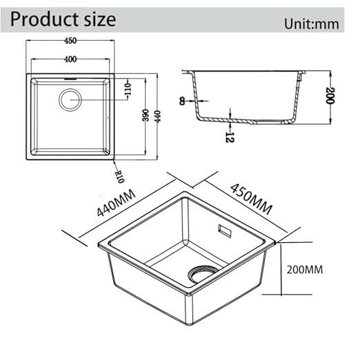 Évier cuisine quartz noir 45 cm compact pour poste de travail et bar - 8