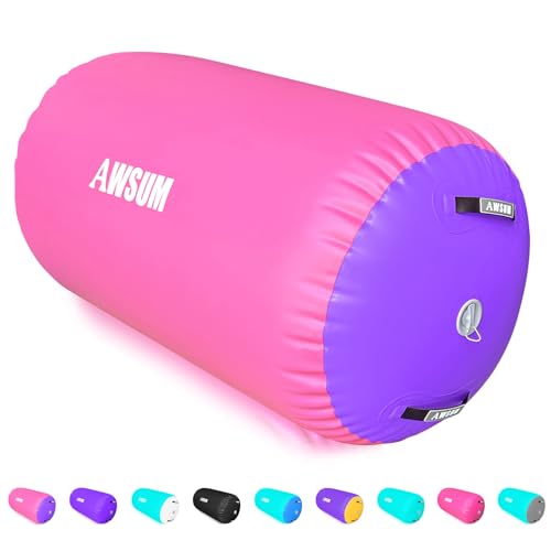 AWSUM 4ft L x 2.5ft Diam Gymnastics Barrel Air Roller Inflatable Tumbling Mat Back Handspring Trainer for Octagon Mat Gym Gymnastics Equipment，No Electric Pump Pink/Purple -  Pink/Purple1.2X0.75