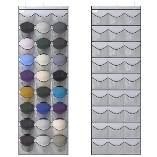 Unjumbly Baseball Hat Rack, 27 Pocket Over-The-Door Hat Organizer with Clear Deep Pockets to Display Baseball Caps Collection, Complete with 3 Over Door Hooks (Grey, 27 Pockets)