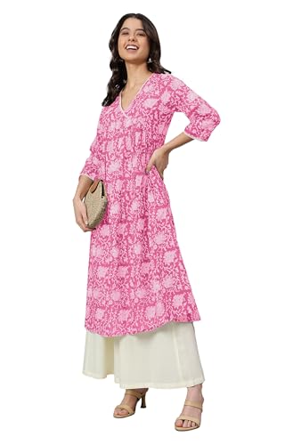 Image of Janasya Women's Pure Cotton Floral Printed Flared Kurta