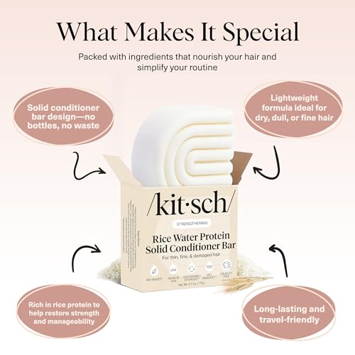 Kitsch Rice Water Conditioner Bar for Hair Growth – Rice Protein Hair Conditioner to Repair Damage, Prevent Split Ends & Boosts Shine – Paraben, Silicone & Sulfate-Free Hair Care - Made in USA, 2.7 oz