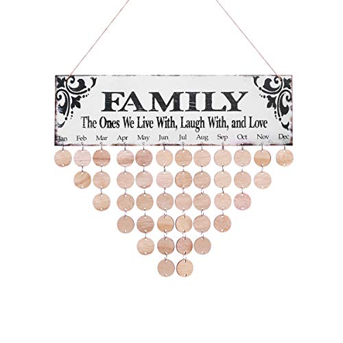 WINOMO Family Birthday Board Plaque DIY Hanging Wooden Birthday Reminder Calendar for Mom Dad Grandma Grandpa with 50pcs Round Discs