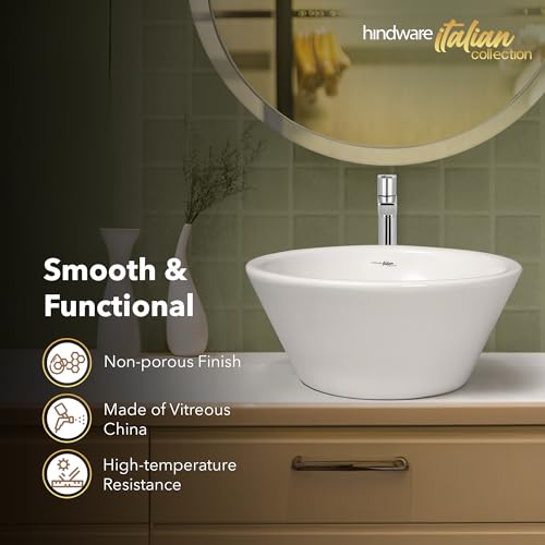 Image of Hindware Italian Collection Crystal Deep Bowl Table Top Wash Basin for Bathroom | Made of Ceramic | Star White | Round Shape | Over the Counter Basin