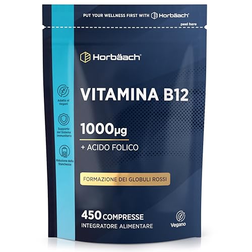 Vitamina B12 e Acido Folico 1000mcg | 15 Mesi di Scorta | 450 Compresse Vegane | Integratore ad Alto Dosaggio | di Horbaach