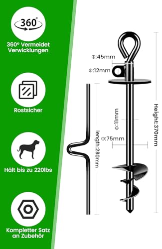 Bodenanker Hund Pro, Erdanker Hund 37cm, Mittlere bis Große bis zu 100 kg, Keine Scharfe Kante Extra Stabiler Spiralanker für Große Hunde, Bodenanker zum Eindrehen für Strand, Camping, Rasen & Hof