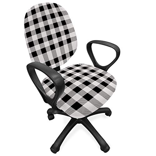 Lunarable Plaid Office Chair Slipcover, Monochrome Traditional Lumberjack Pattern Repating Checkered Squares Design, Protective Stretch Decorative Fabric Cover, Standard Size, Black Grey #TOP14