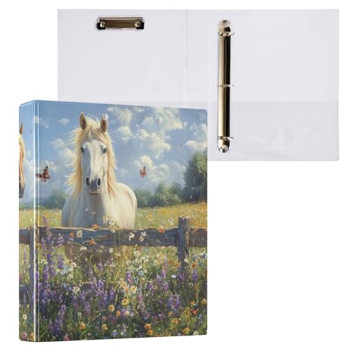 Image of 3 Ring Binder Horse Lavender White 1.5 inch Binders Three Ring Binders with Clipboard Fit 8.5'' x 11'' Paper 3 Interior PVC Clear Pockets for Office Supplies