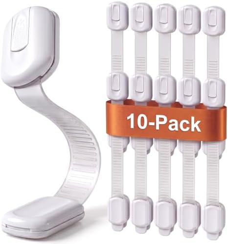 Child Safety Strap Locks (10 Pack) Baby Locks for Cabinets and Drawers, Toilet, Fridge & More. 3M Adhesive Pads. Easy Installation, No Drilling Required, White
