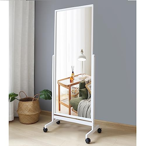 AISUNDY Swivel Tilting Full Length Mirror on Wheels 65x22 Pine Wood Frame Cheval Floor Rolling Mirror Full Body with Standing Holder for Bedroom Babershop Home Gym Angle Adjustable (White)