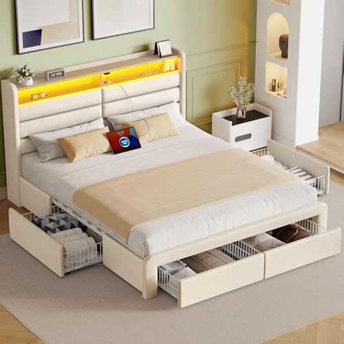 Seventable Queen Size Bed Frame with 4 Storage Drawers & Charging Station, Upholstered Platform Bed with Storage Headboard and LED Light, No Box Spring Needed, Noise Free, Easy Assembly, Cream White