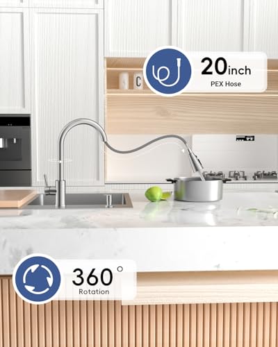 DAYONE Brushed Nickel Kitchen Faucet with Pull Down Sprayer and Soap Dispenser, 3 Modes High Arc Single Handle Sink Faucet with Deck Plate for Kitchen, DAY-APS257BN