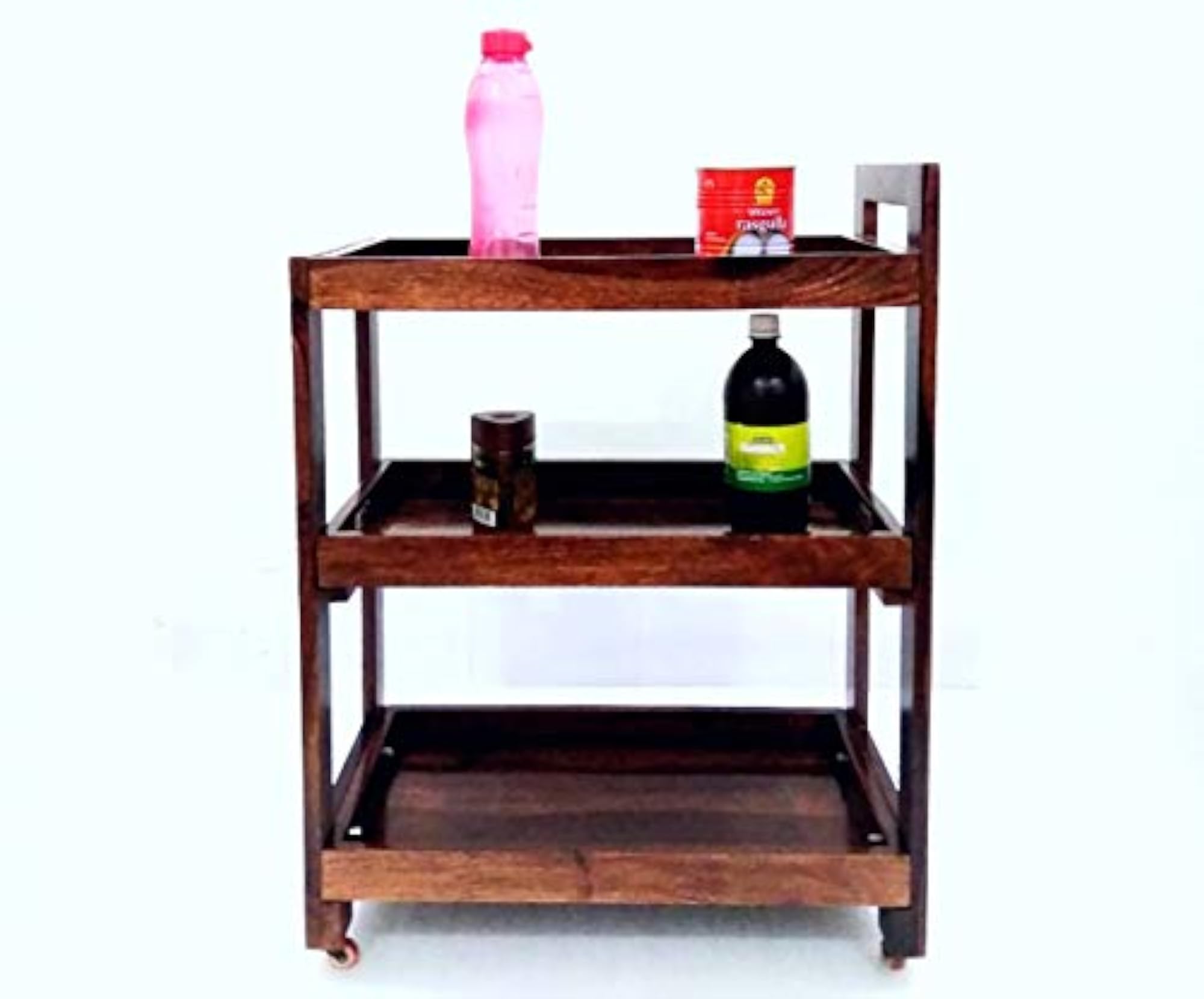 3-Tier Solid Wood Rolling Bar Cart
